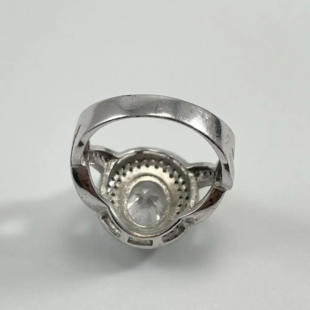 925 Sterling Silver White Cubic Zirconia Halo Oval Cut Statement Ring Sz 7